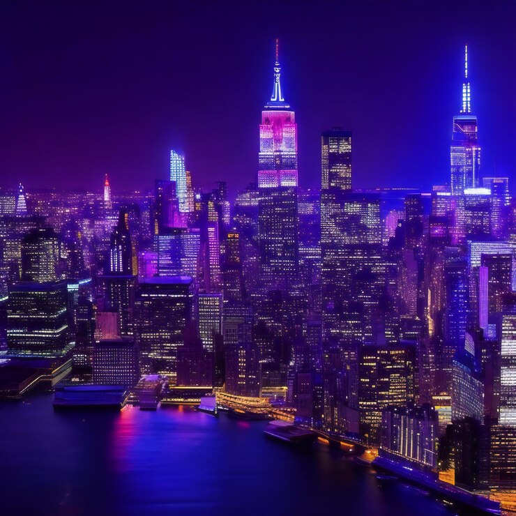Una fascinante escena nocturna con el icónico horizonte de Manhattan Midtown de la ciudad de Nueva York