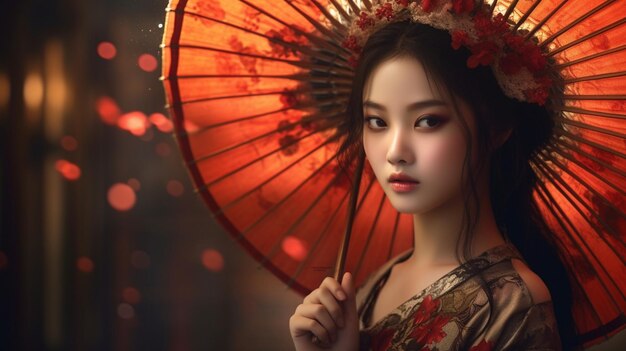 Una fascinante foto de una chica oriental con una sombrilla, su presencia irradia un sentido de gracia y r
