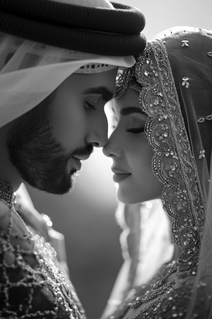 Foto en una fascinante historia de amor, un elegante jeque árabe y una bella mujer comparten un momento romántico.