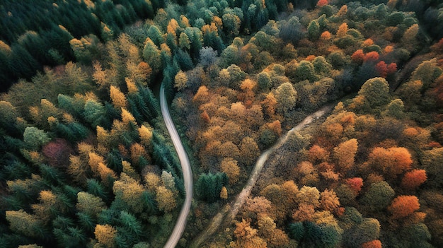 Una fascinante imagen aérea de un sinuoso camino a través de un extenso bosque que ilustra el delicado equilibrio entre los esfuerzos humanos y la naturaleza.