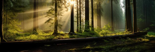 Fascinante luz en un amplio bosque verde panorámico