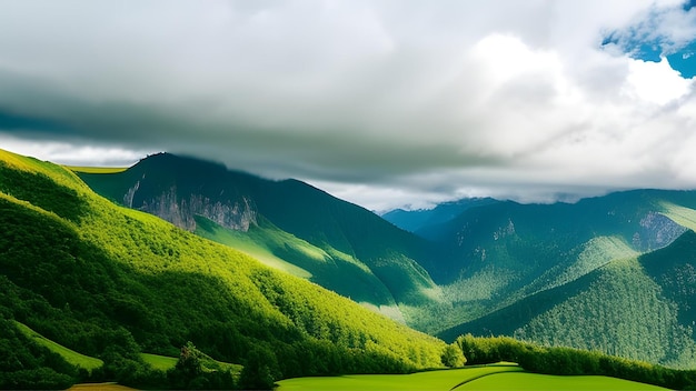 Fascinante paisaje de montañas verdes con fondo de superficie de cielo nublado