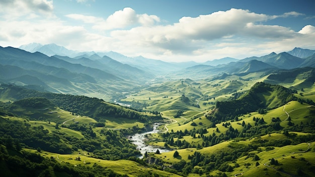 Fascinante paisaje de montañas verdes con superficie de cielo nublado