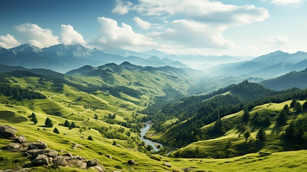 Fascinante paisaje de montañas verdes con superficie de cielo nublado