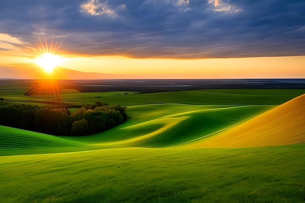 Fascinante paisaje de un paisaje verde al atardecer con árboles generativos ai