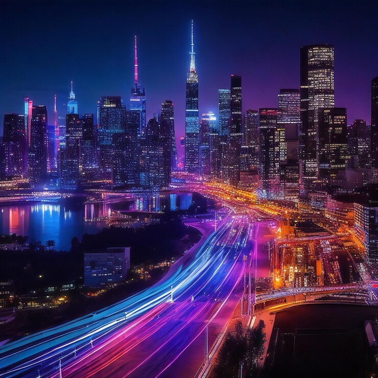 Un fascinante paisaje urbano nocturno con innumerables luces que iluminan el paisaje urbano