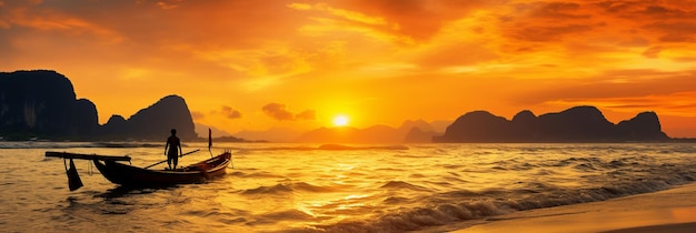 Fascinante puesta de sol en la playa de la hora dorada en el sudeste asiático