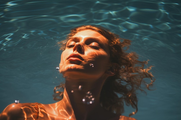 Un fascinante retrato submarino captura la gracia de una mujer sumergida en la belleza etérea de las profundidades acuáticas que simboliza la tranquilidad y la serenidad