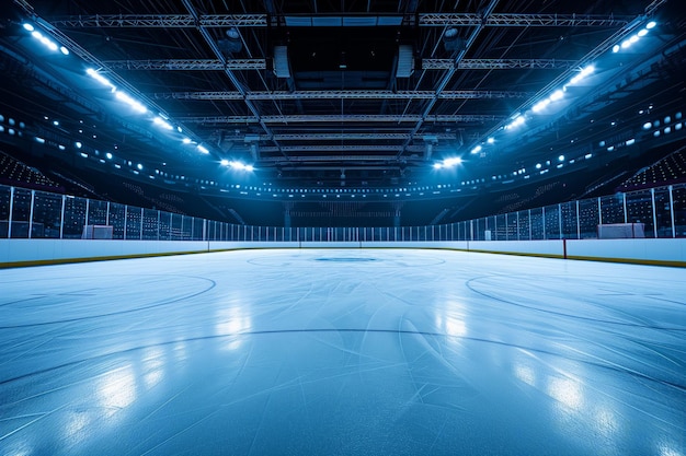 Una fascinante simetría Una fascinante pista de hockey brilla en las sombras ofreciendo una vista centrada