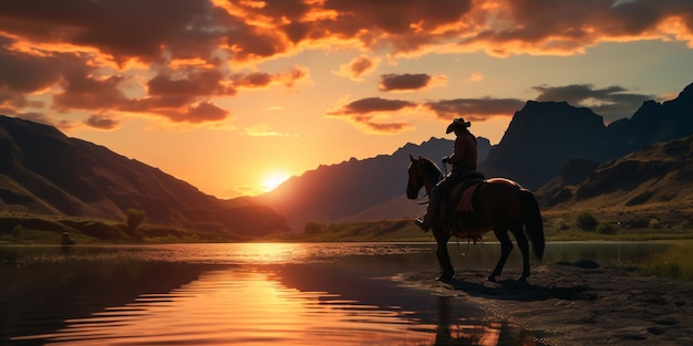 Fascinante Sunset Ride Silueta Vaquero a caballo en medio de una impresionante puesta de sol