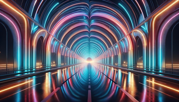 Un fascinante túnel futurista iluminado con luces de neón crea una sensación de profundidad infinita evocando temas de tecnología de velocidad y realidad virtual viajes colorida arquitectura cibernética moderna