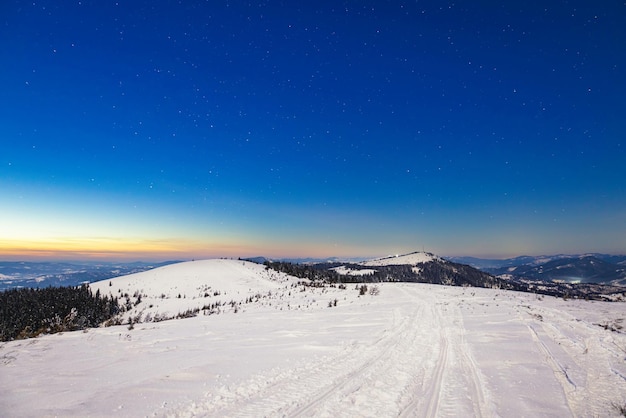 Fascinantes paisajes nocturnos, los abetos nevados crecen entre ventisqueros contra el telón de fondo de cadenas montañosas y un cielo despejado y estrellado. Concepto de belleza de la naturaleza del norte. Concepto de aurora boreal