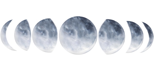 Foto fases da lua em aquarela pintadas à mão várias fases isoladas no fundo branco