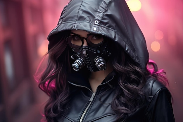 Fashion cyberpunk garota em um casaco de couro com capuz usa cyberpunk feminino com um casaco com capuz de couro óculos de segurança e uma máscara de gás Ai gerado