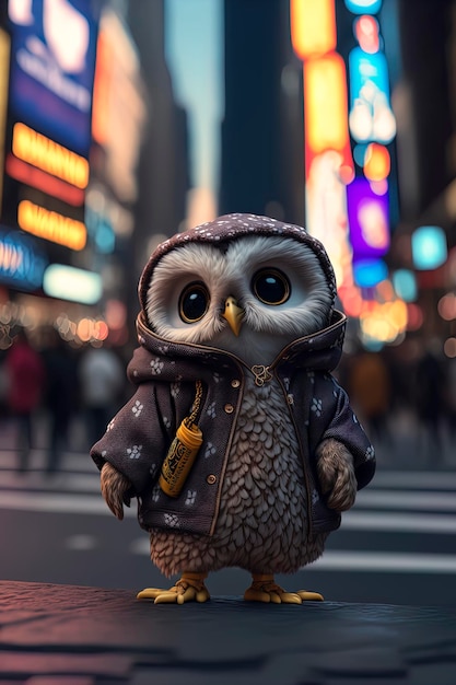 Fashion Owl Cinematic Still Shot de moda hip hop vestida con un tipo de juguete Búho en Times Square IA generativa