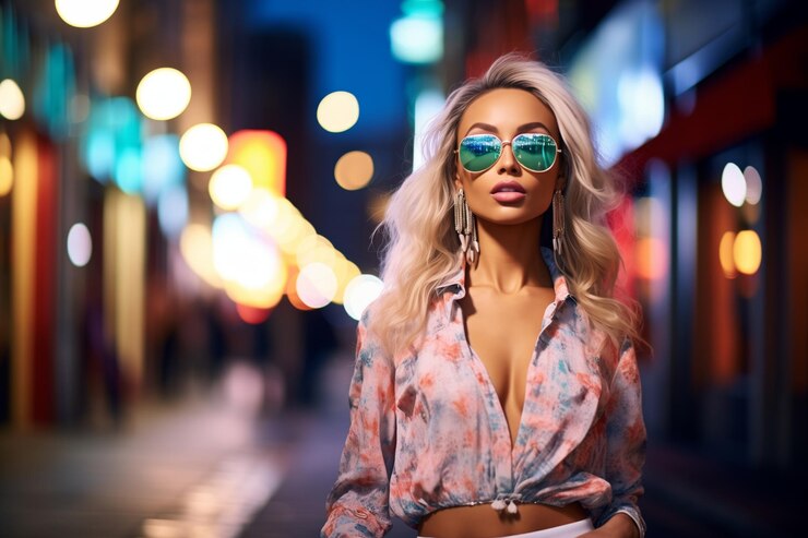 Fashionista con gafas de sol por la noche caminando más allá de las lámparas de la calle