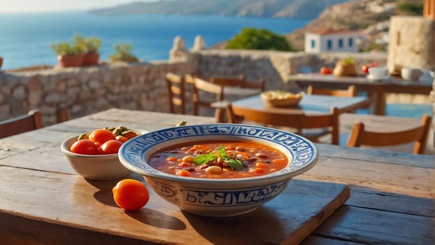 Foto fasolada num prato numa taverna contra o fundo do mar