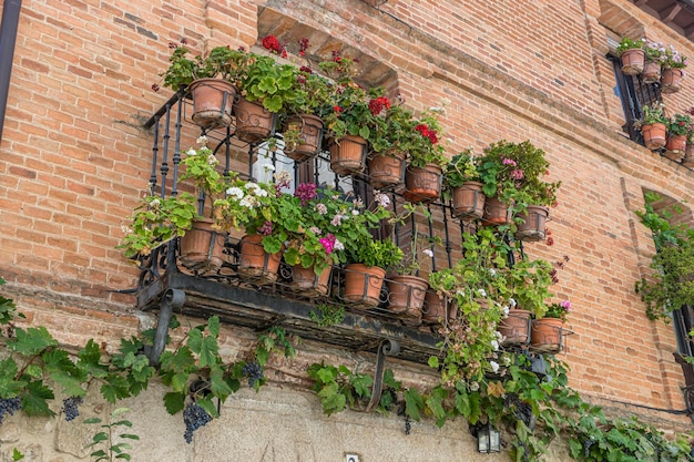 Fassade des Altbaus mit Blumentöpfen. Tourismus in Zentralspanien, typische Pflanzendekoration