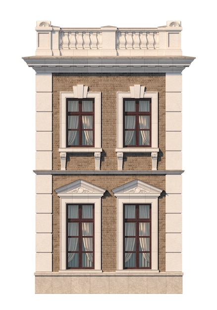 Fassade eines zweistöckigen klassischen Hauses mit Fenstern. 3D-Rendering