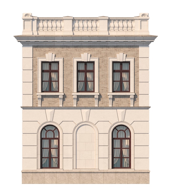 Foto fassade eines zweistöckigen klassischen hauses mit fenstern. 3d-rendering