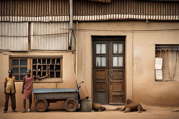 Fassaden von Häusern und Geschäften vor einem Laden in einer armen afrikanischen Straße