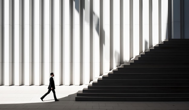 Fassadenperspektive des Gebäudes mit großer Treppe und projiziertem Licht und Schatten, die von KI generiert wurden