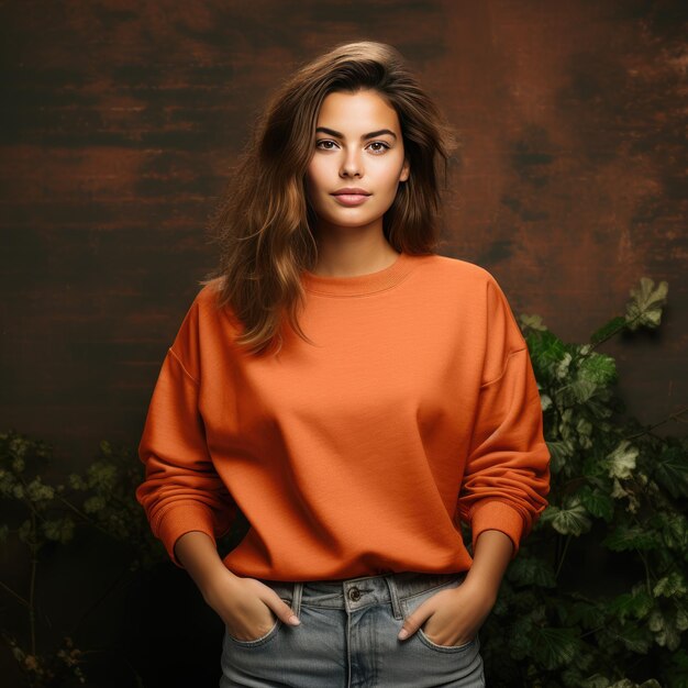 Fassige Vintage-Vibes Gildan Orange Sweatshirt-Mockup mit einem weiblichen Model in einem detaillierten Fr