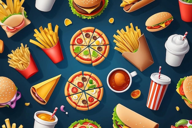 Foto fast-food 3d-cartoon-vektor-ikonensatz pizza-scheibe-taco-sandwich