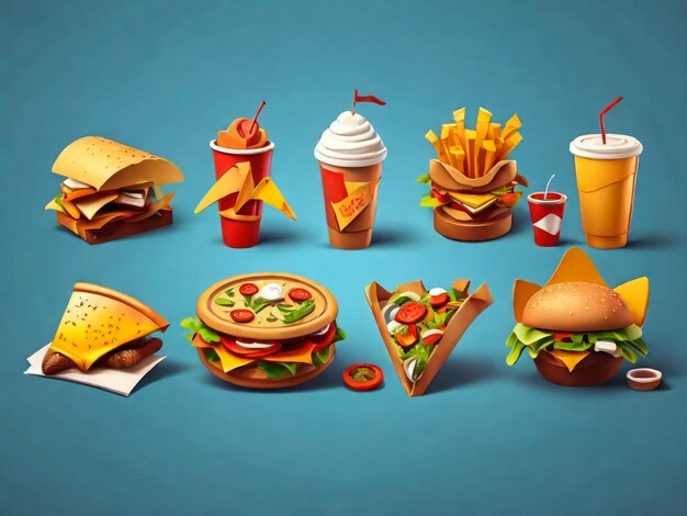 Foto fast food 3d set de ícones vetoriais de desenhos animados pizza fatia taco sanduíche peru assado ovo frito