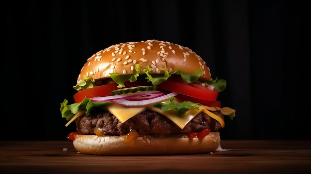 Fast-food americano insalubre Hambúrguer grande com fundo preto e espaço para cópia