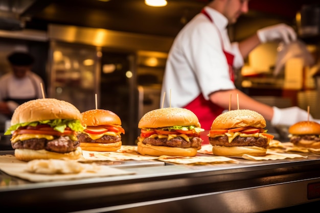 Fast-Food-Auftragsvorbereitung Koch Burger Kochen Fleisch Steak Mahlzeit Restaurant Indoor-Service-Mitarbeiter