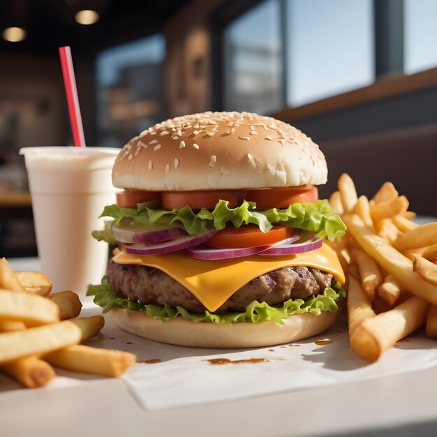 Fast-Food-Burger-Frites und Getränke