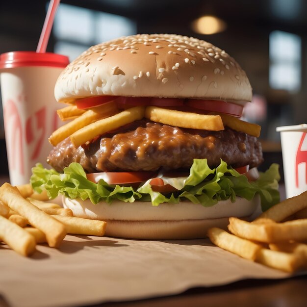 Fast-Food-Burger-Frites und Getränke