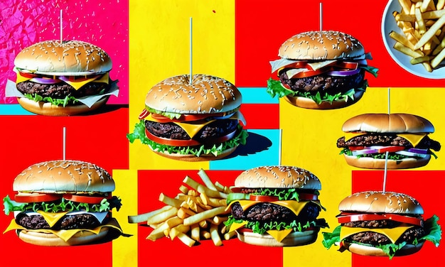 Fast-Food-Burger-Mischung Hintergrund gegrillter Burger-Burger in naher Nähe abstrakter Hintergrund