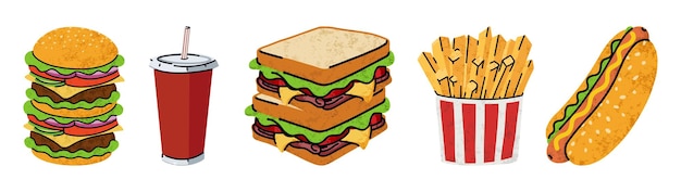 Fast-Food-Cartoon-Symbole setzen einfache flache Street-Illustration für kalorienreiche Lebensmittel