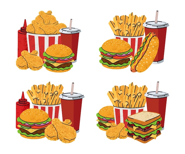 Fast-Food-Cartoon-Symbole setzen einfache flache Street-Illustration für kalorienreiche Lebensmittel