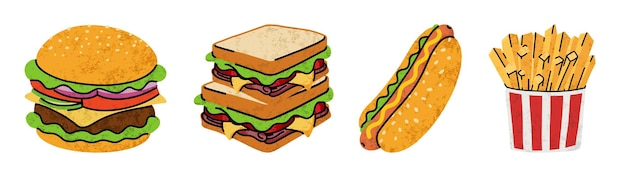 Fast-Food-Cartoon-Symbole setzen einfache flache Street-Illustration für kalorienreiche Lebensmittel