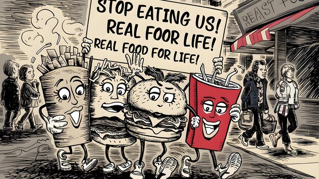 Fast-Food-Cartoonfiguren mit einem Schild, das sich gegen ihren Konsum einsetzt Konzept Cartoon-Charaktere Fast Food-Advocacy Anti-Consumption-Schild