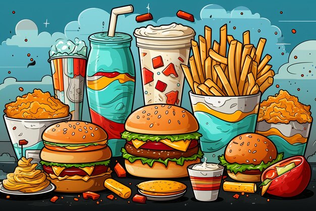 Fast food com estilo doodle