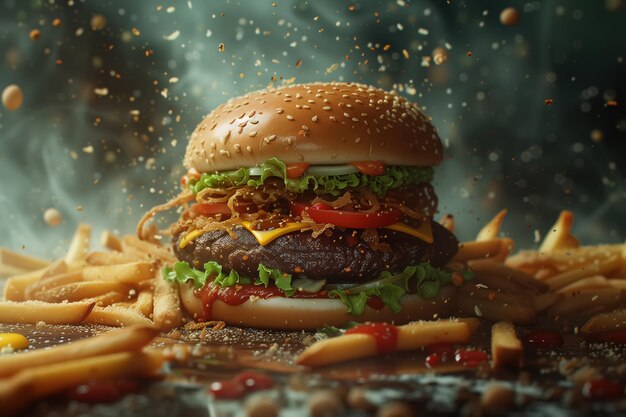 Fast food composto por um hambúrguer e batatas fritas