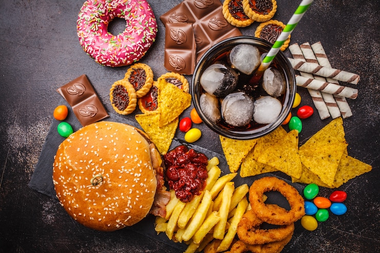 Foto fast food e açúcar. burger, doces, batatas fritas, chocolate, donuts, refrigerante, vista de cima.