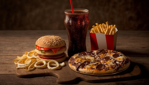 Foto fast-food e conceito de alimentação pouco saudável fecham lanches de fast-food e bebida de cola na mesa de madeira generative ai