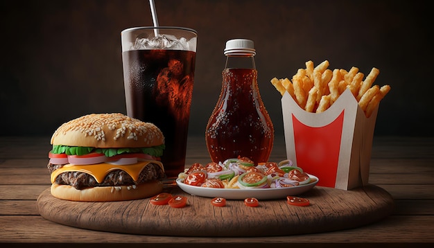 Fast-food e conceito de alimentação pouco saudável fecham lanches de fast-food e bebida de cola na mesa de madeira Generative ai