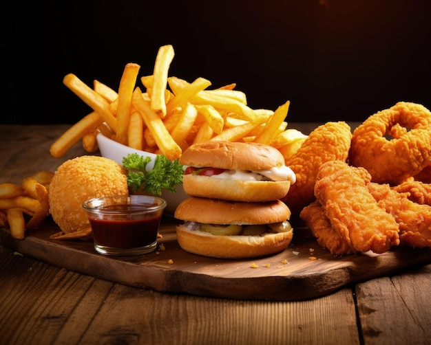 Fast-food em uma mesa anéis de cebola batatas fritas nuggets frango
