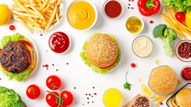 Fast-Food-Gericht und gesundes Essen auf weißem Hintergrund Entfernen Sie das ungesunde Set einschließlich Generative Ai