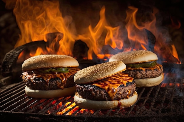 Fast-Food-Hamburger, die auf offenem Feuer gegrillt werden, grillen im Hinterhof