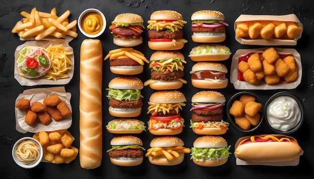 Foto fast food hamburger french fries pizza hot dog em fundo de textura preta escura