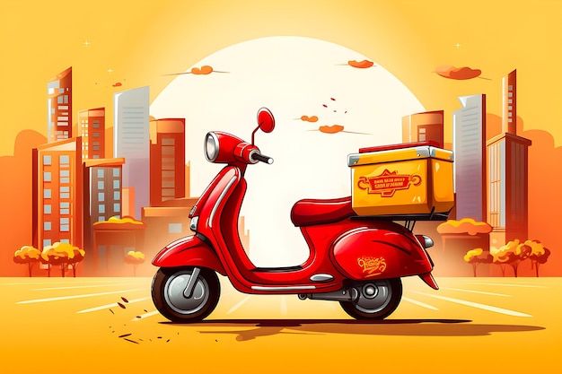 Fast-Food-Lieferkonzept Rotes Moped für schnelle Lieferungen im Vektor-Stil generative KI