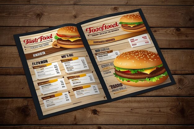 Fast-Food-Loft-Menü-Broschüre-Design auf hölzerner Vektorvorlage