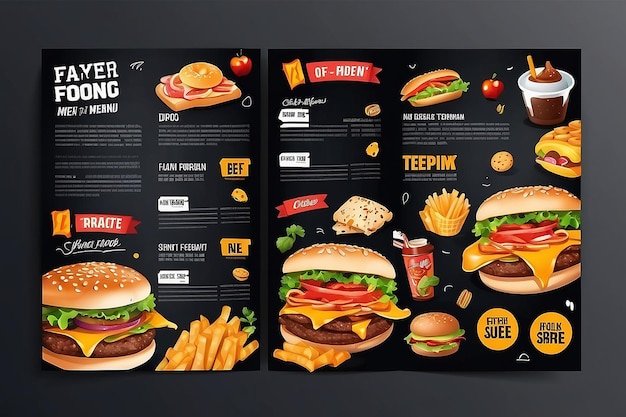 Fast-Food-Menü-Broschüre-Design auf einer dunkeln Vektorvorlage